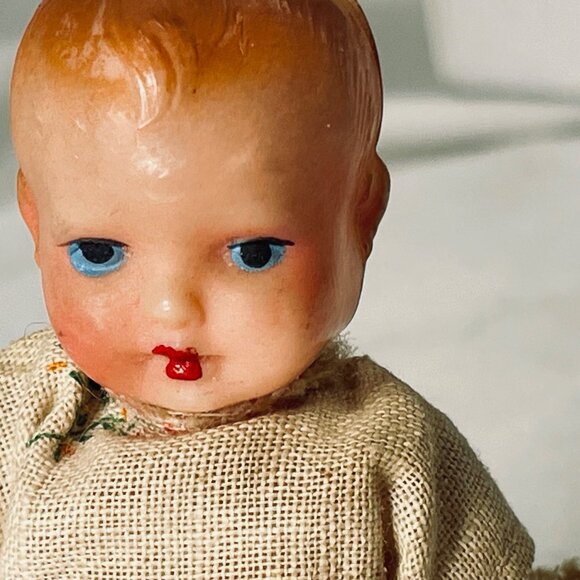 Vintage 4" Italian Celluloid Baby Doll W/ Cloth Outfit - Handmade Details & Wear - Picture 2 of 8